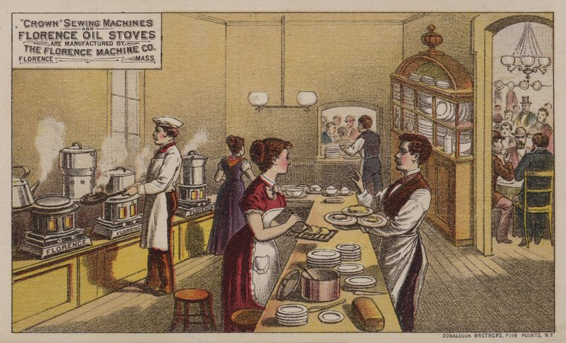 Máquinas de costura de publicidade de cartão comercial americano e fogões a óleo fabricados pela Florence Machine Company, Massachusetts, c1880s de American School