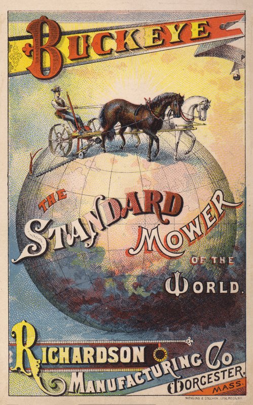 Cartão comercial americano anunciando o cortador de relva puxado por cavalos Buckeye da Richardson Manufacturing Company, c1880s de American School