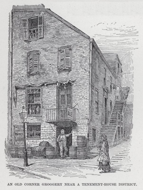 Um antigo canto Groggery perto de um Tenement-House District (litho) de American School
