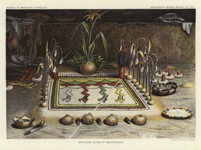 Altar do antílope em Mishongnovi (litografia a cores) de American School