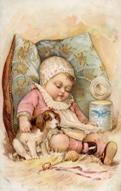 Bebê, com, filhote cachorro, bebendo, de, garrafa, anúncio, para, preservado, leite de American School