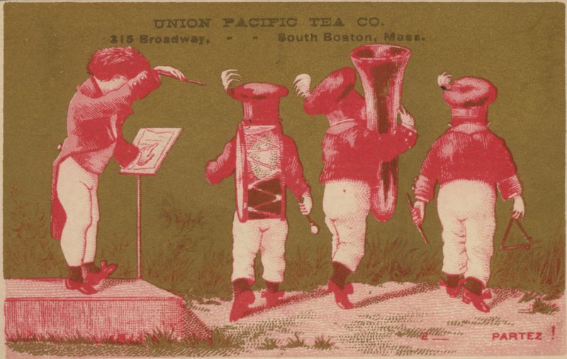 Banda, anunciando a Union Pacific Tea Co, em South Boston de American School