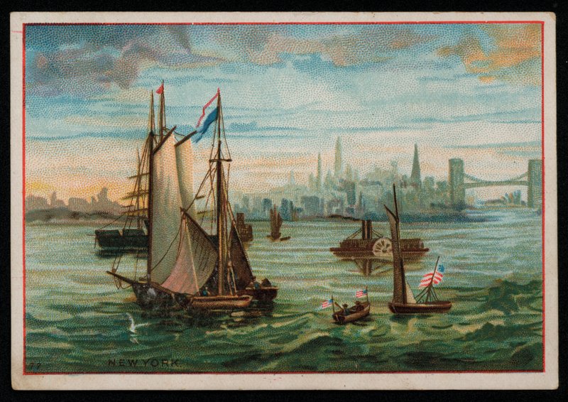 Barcos no porto de Nova Iorque, cartão de felicitações. (chromolitho) de American School