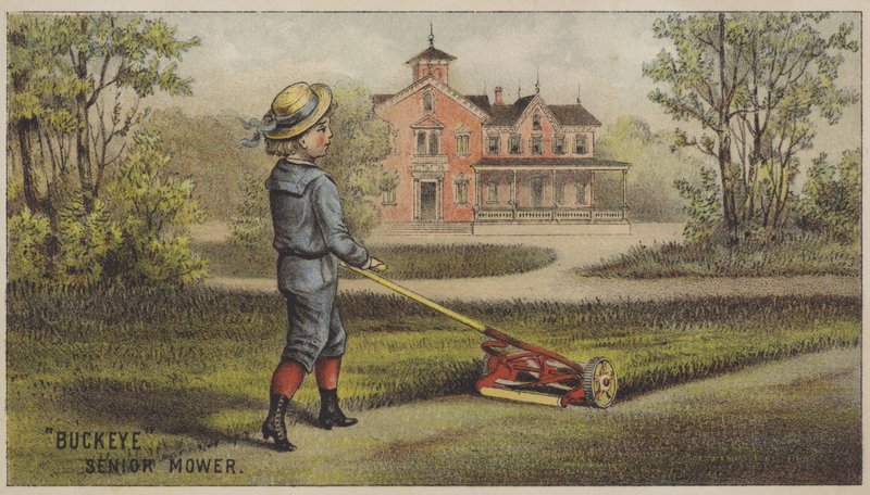 Menino cortando grama fora da casa de campo (cromolitho) de American School