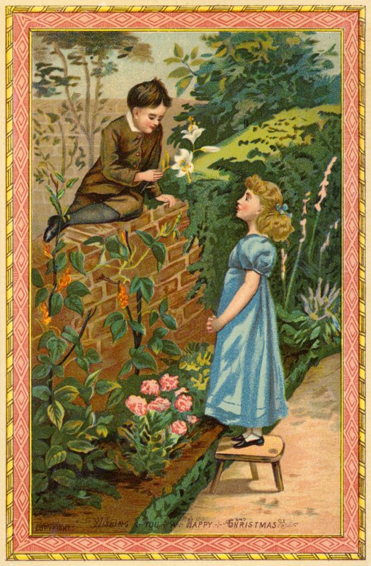 Menino, sentando, parede, oferecendo, flores, menina de American School