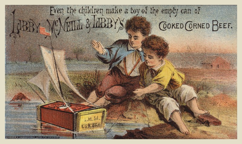 Meninos, tocando, com, corned, carne, lata, velejando, bote de American School