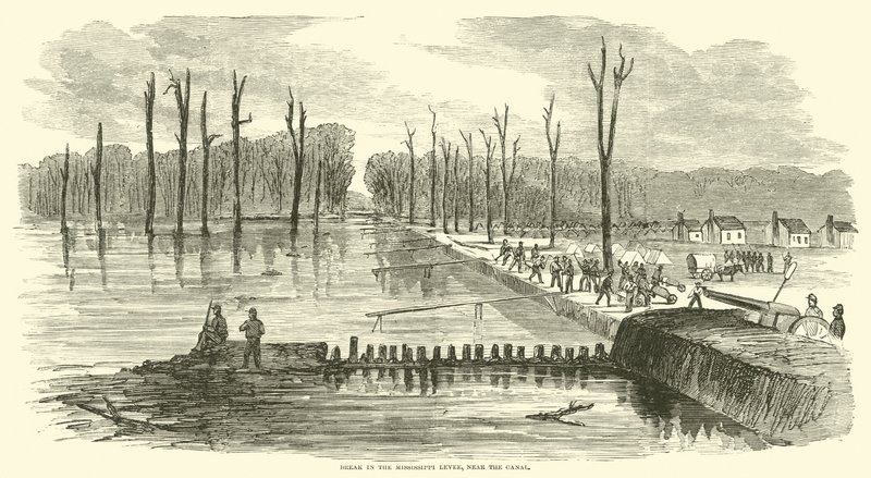 Quebrar no Mississippi Levee, perto do canal, março de 1863 de American School