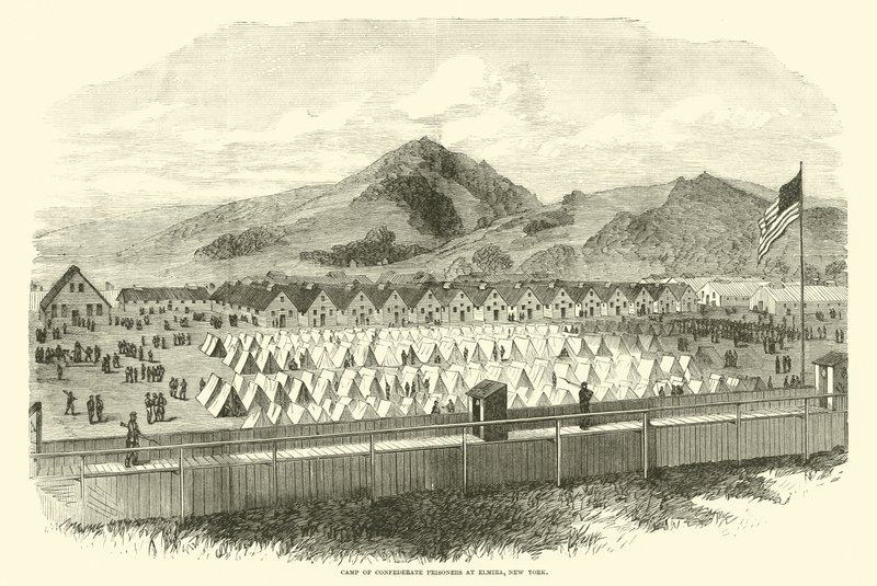 Acampamento dos prisioneiros confederados em Elmira, Nova York, maio de 1865 de American School