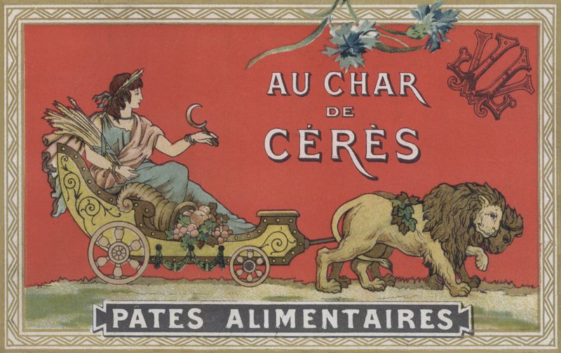 Ceres numa carroça puxada por leões (litografia a cores) de American School