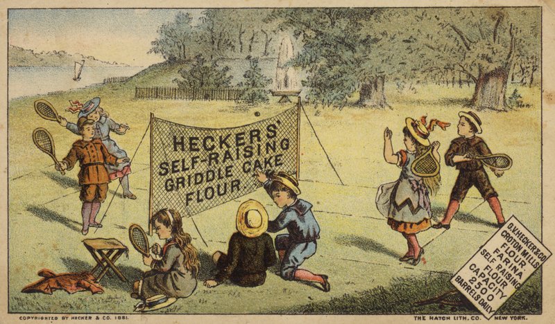 Crianças jogando Raquetball, anunciando Farinha de American School