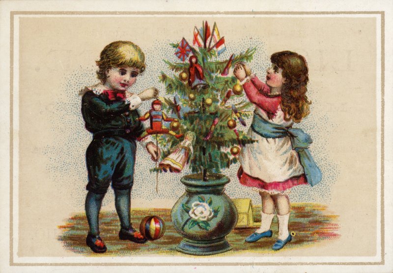 Crianças, decorando, um, pequeno, árvore natal de American School