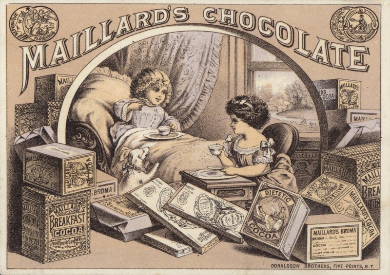 Crianças que bebem chocolate, propaganda para Maillards Chocolate de American School