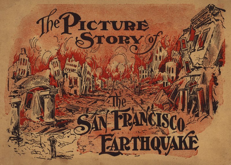 Ilustração da capa para The Picture Story of the San Francisco Earthquake (litografia a cores) de American School