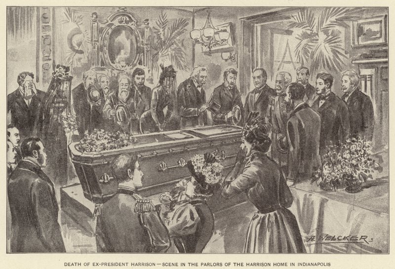 Morte do ex-presidente Harrison, cena nos salões da casa de Harrison em Indianápolis (litografia) de American School