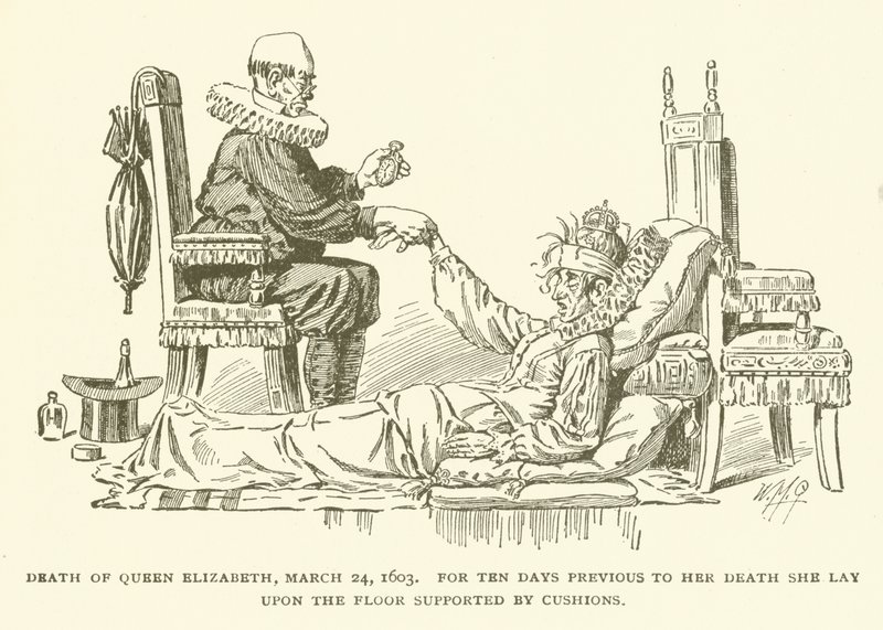 Morte da Rainha Elizabeth, 24 de março de 1603, Durante dez dias antes de sua morte, ela se deitou no chão apoiada por Almofadas de American School