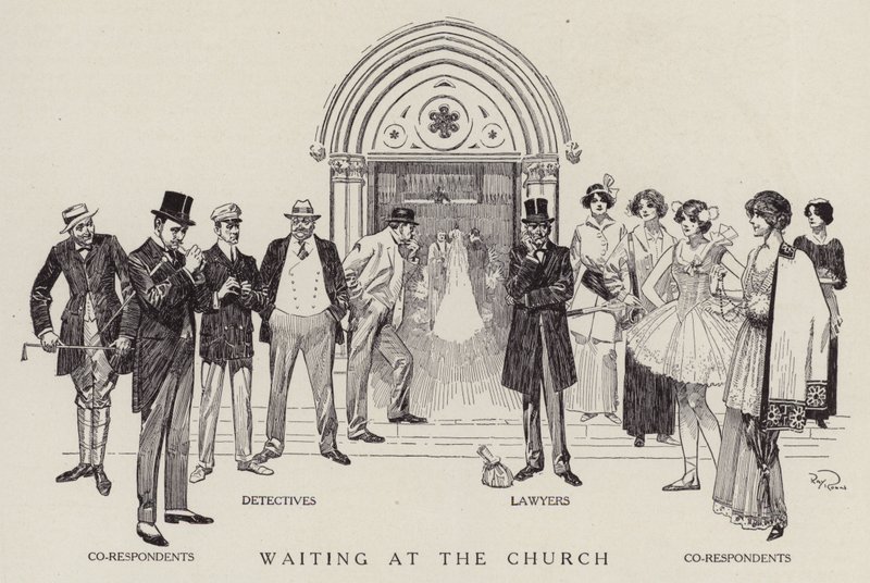 Detectives, advogados e correspondentes à espera do fim de um casamento na igreja (litografia) de American School