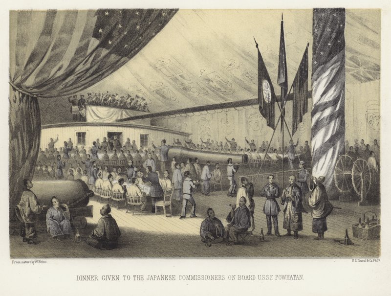 Jantar dado aos comissários japoneses a bordo do USS Powhatan de American School