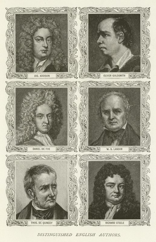 Autores ingleses distintos, Joseph Addison, Oliver Goldsmith, Daniel de Foe, WS Landor, Thomas De Quincey, Richard Steele de American School