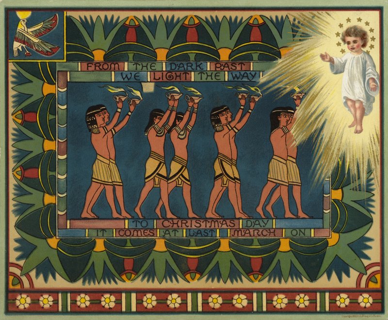 Postal de Natal com tema egípcio, mostrando como o Passado conduziu a Jesus Cristo (litografia a cores) de American School