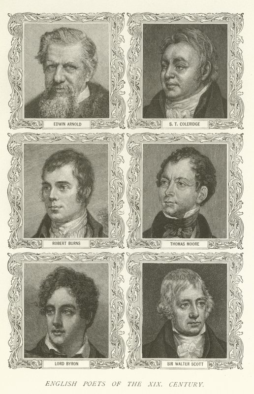 Poetas ingleses do século XIX, Edwin Arnold, ST Coleridge, Robert Burns, Thomas Moore, Lorde Byron, Sir Walter Scott de American School