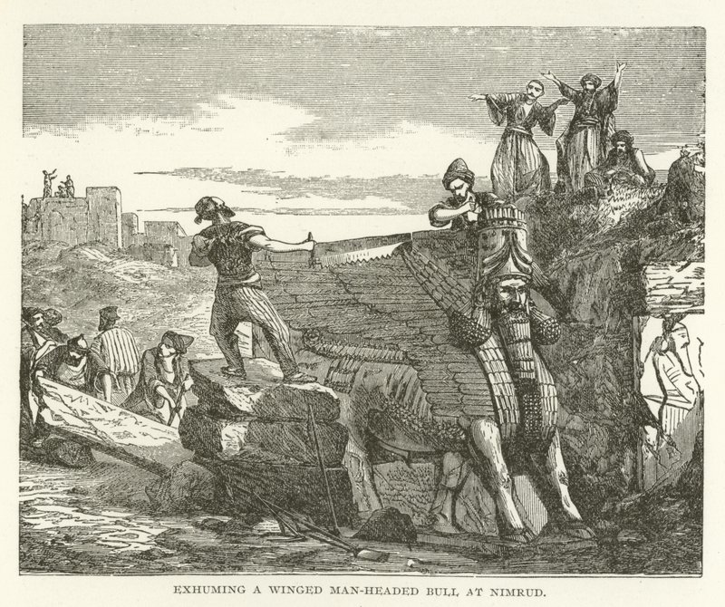 Exumando um touro alado com cabeça de homem em Nimrud de American School
