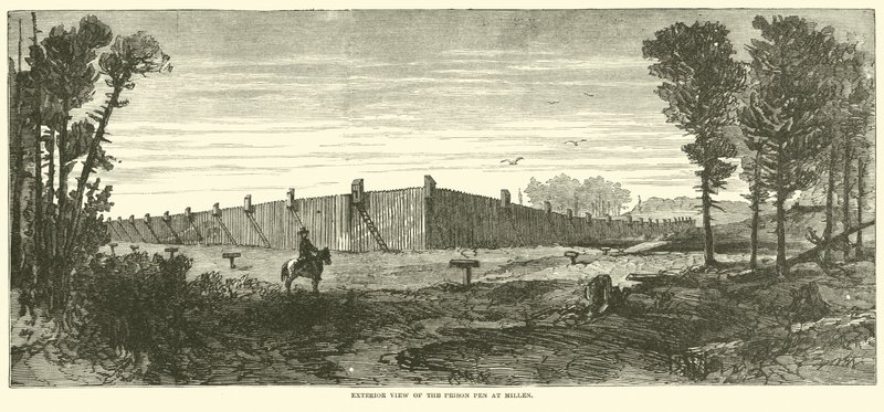 Vista exterior da Caneta Prisão em Millen, novembro de 1864 de American School