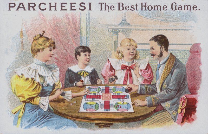 Família jogando um jogo de Parcheesi (chromolitho) de American School