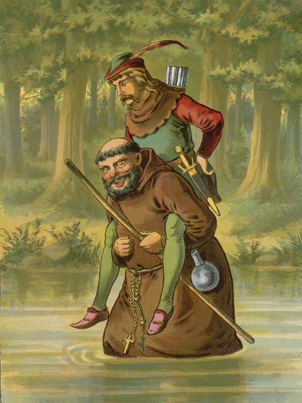 Frei Tuck carrega Robin Hood sobre a água de American School