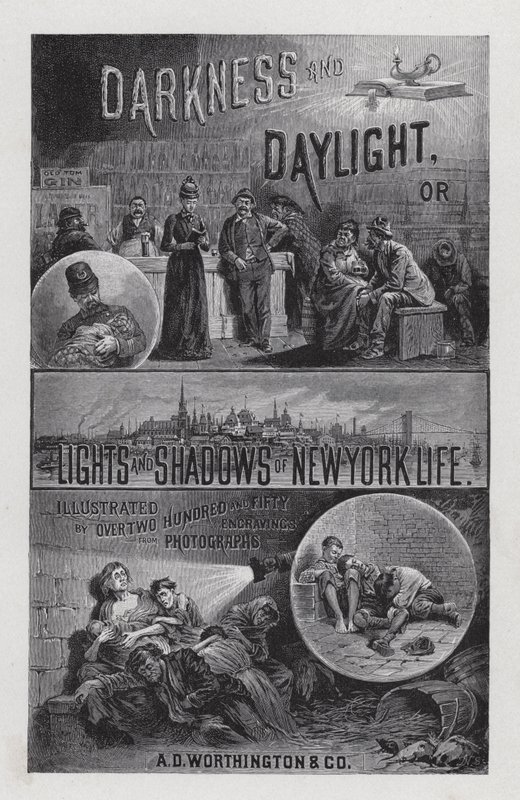 Frontispício para as Trevas e a Luz do Dia, ou Luzes e Sombras da Vida de Nova Iorque pela Sra. Helen Campbell (litho) de American School