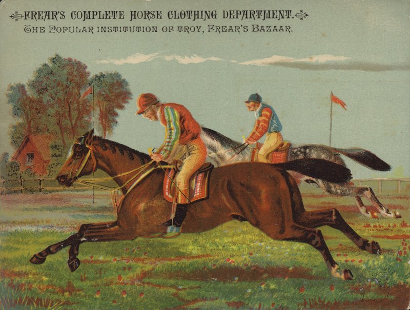 Cavalos a galope com jóqueis de American School