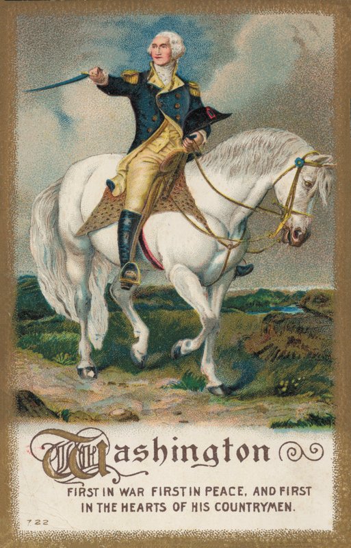 George Washington, sobre um cavalo branco (cor litho) de American School