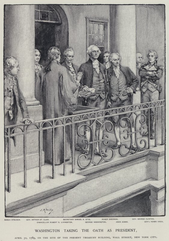 George Washington prestando juramento como Presidente, 30 de Abril de 1789 (litho) de American School