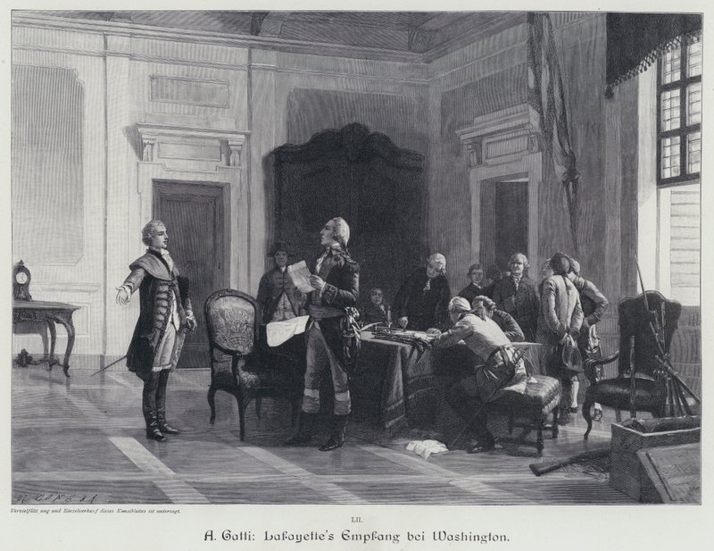George Washington dá as boas-vindas ao Marquês de Lafayette (gravura) de American School