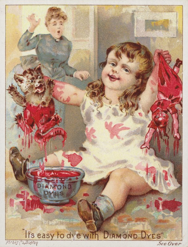 Menina, mergulhar, gato, e, boneca, em, vermelho, tintura de American School