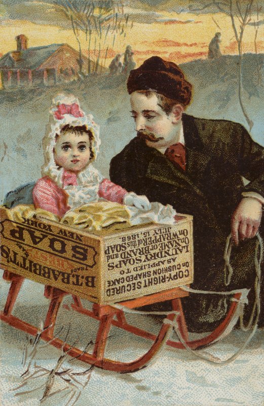 Menina, sentando, em, caixa sabão, trenó de American School