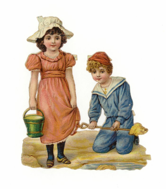 Menina e menino construindo castelos de areia de American School