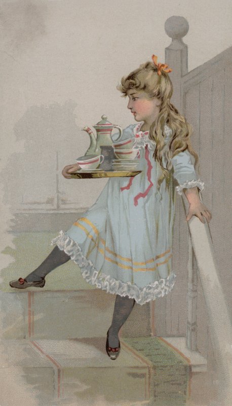 Menina carregando um pote de café em uma bandeja de American School