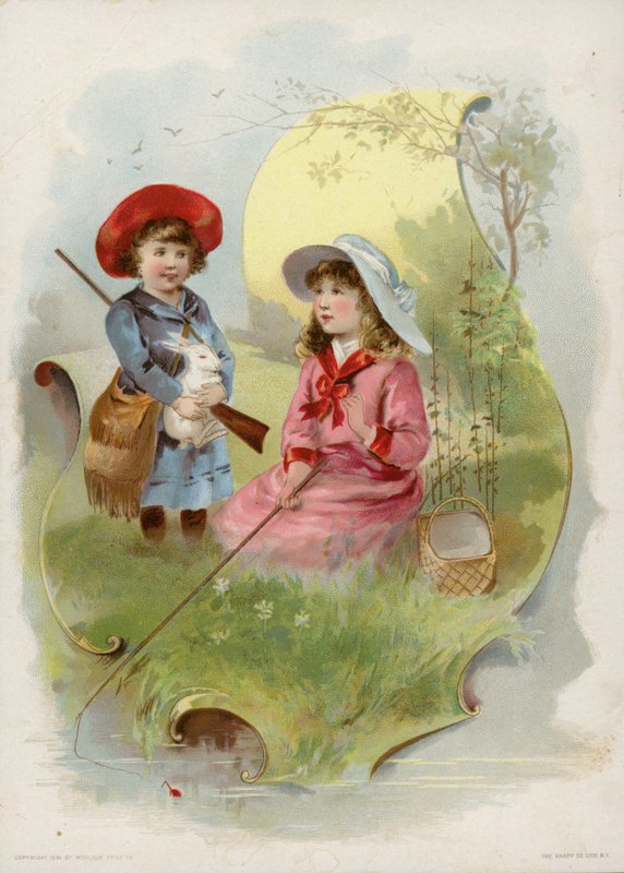 Menina, segurando, coelho branco, menina, pesca de American School