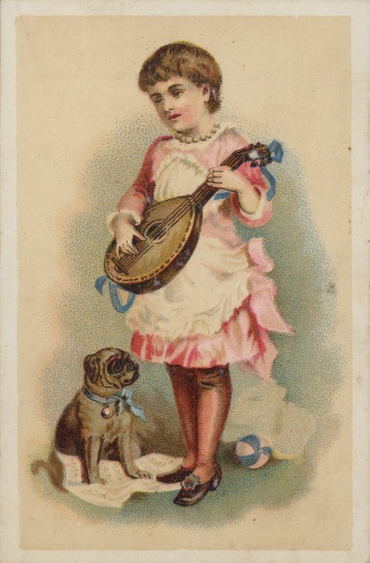 Menina, tocando, um, bandolim, com, um, cão de American School