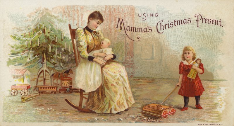 Menina, usando, tapete, Sweeper, enquanto, mãe, berço, bebê de American School