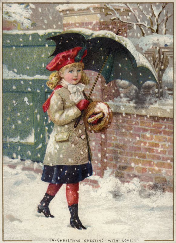 Menina com guarda-chuva em um banho de neve de American School