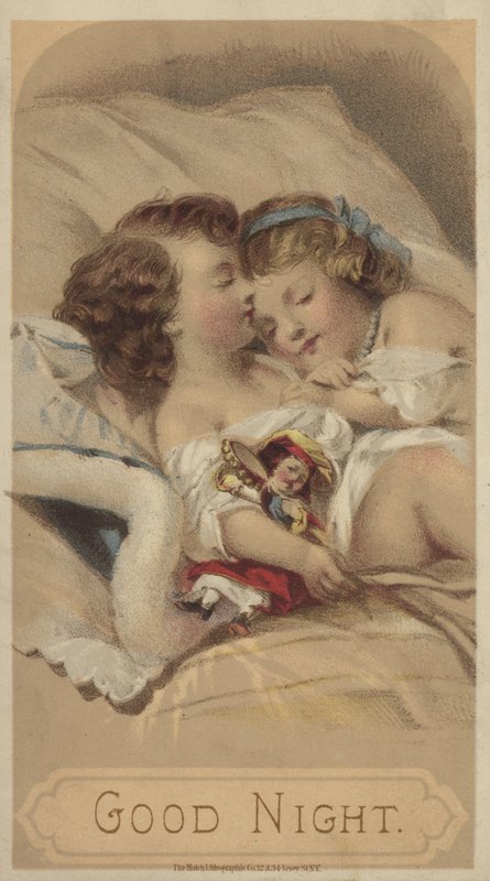 Boa noite, crianças a dormir na cama (chromolitho) de American School