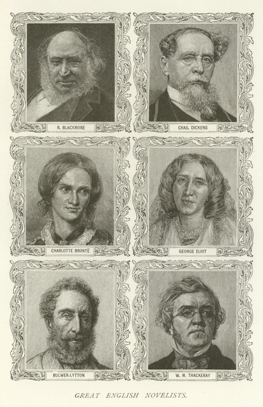 Grandes romancistas ingleses, R Blackmore, Charles Dickens, Charlotte Bronte, George Eliot, Bulwer-Lytton, WM Thackeray de American School