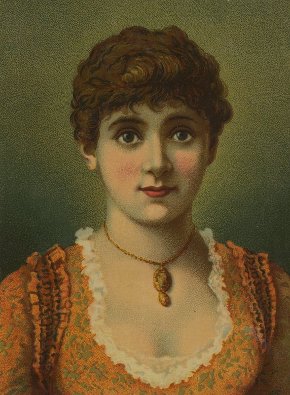 Mulher bonita, vestindo pingente, com grandes olhos azuis de American School