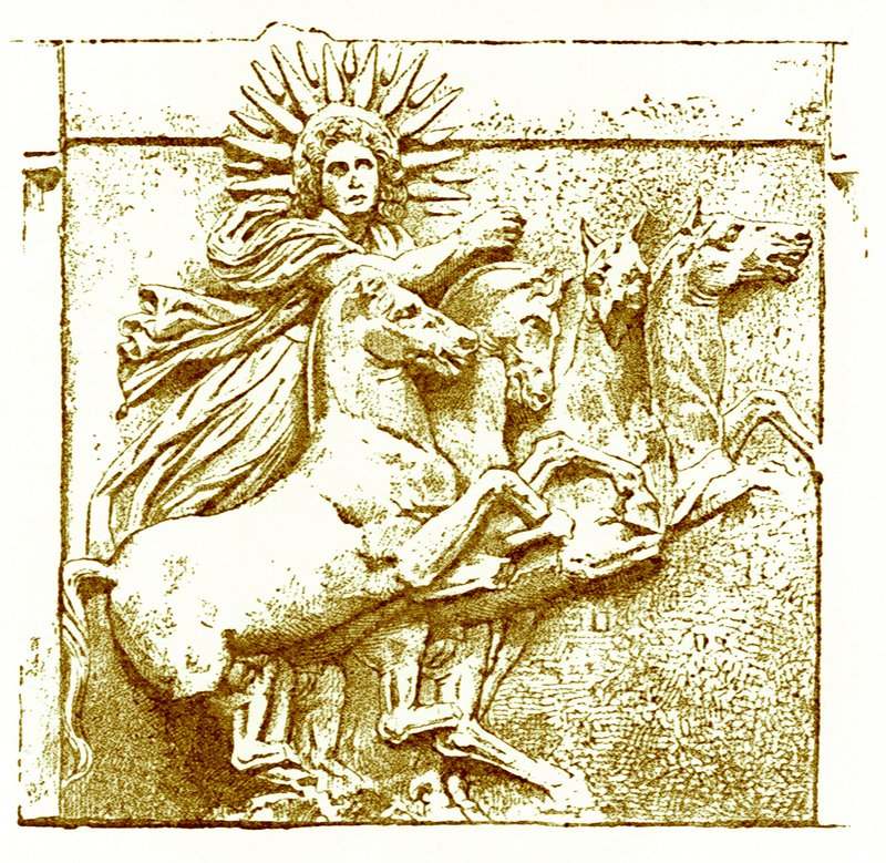 Helios em sua carruagem, ilustração da História da Grécia por Victor Duruy, publicado em 1890 (imagem digitalmente aprimorada) de American School