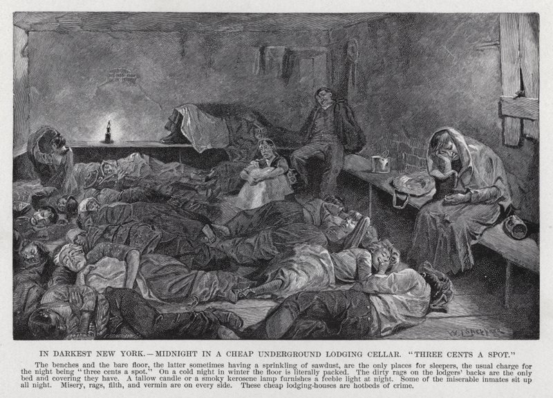 Em Darkest New York, Midnight in a Cheap Underground Lodging Cellar, "três cêntimos por lugar" (litho) de American School