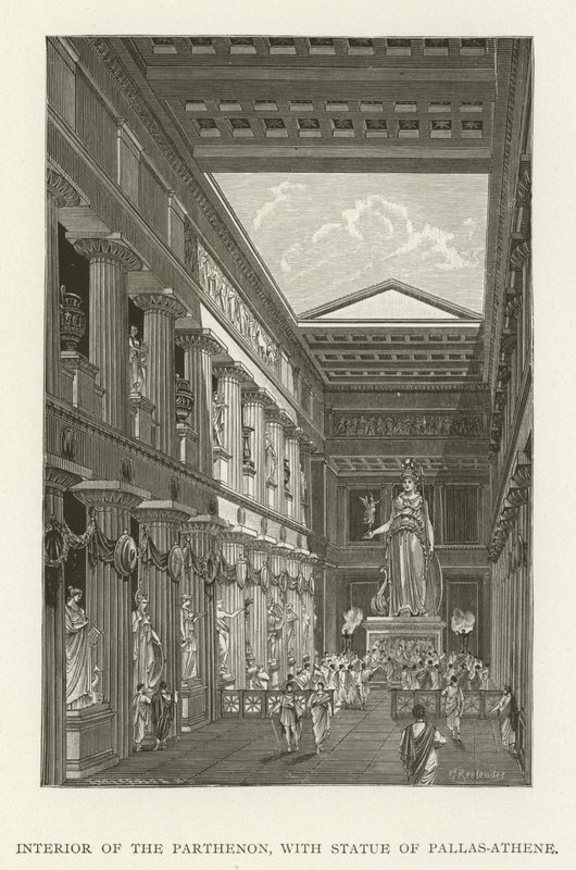 Interior, de, a, Parthenon, com, estátua, de, Pallas-Athene de American School