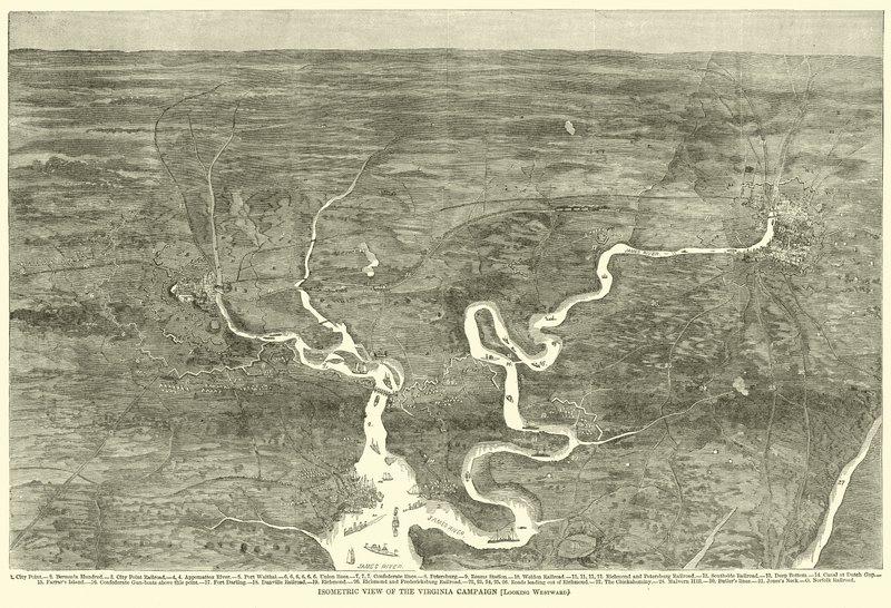 Vista isométrica da campanha da Virgínia, olhando para o oeste, junho de 1864 de American School