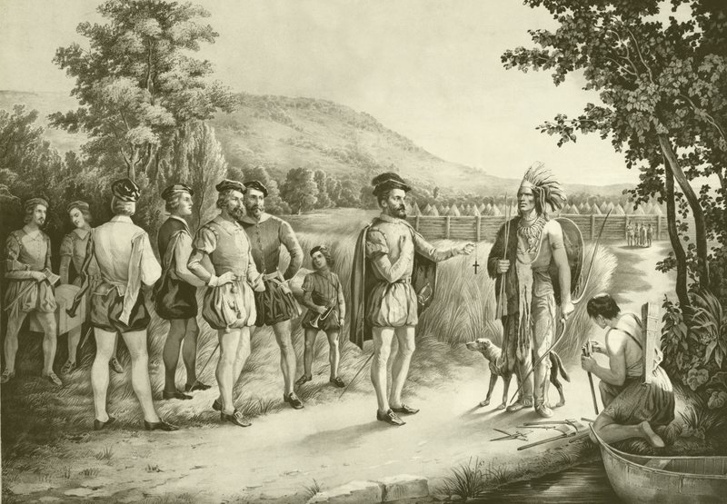 Jacques Cartier, sua primeira entrevista com os índios em Hochelaga agora Montreal em 1535, c.1850 de American School