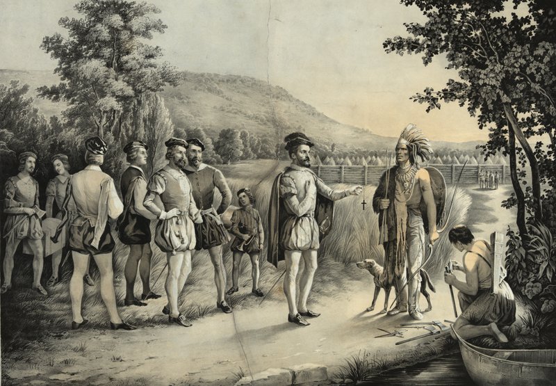 Jacques Cartier, sua primeira entrevista com os índios em Hochelaga agora Montreal em 1535, c.1850 de American School